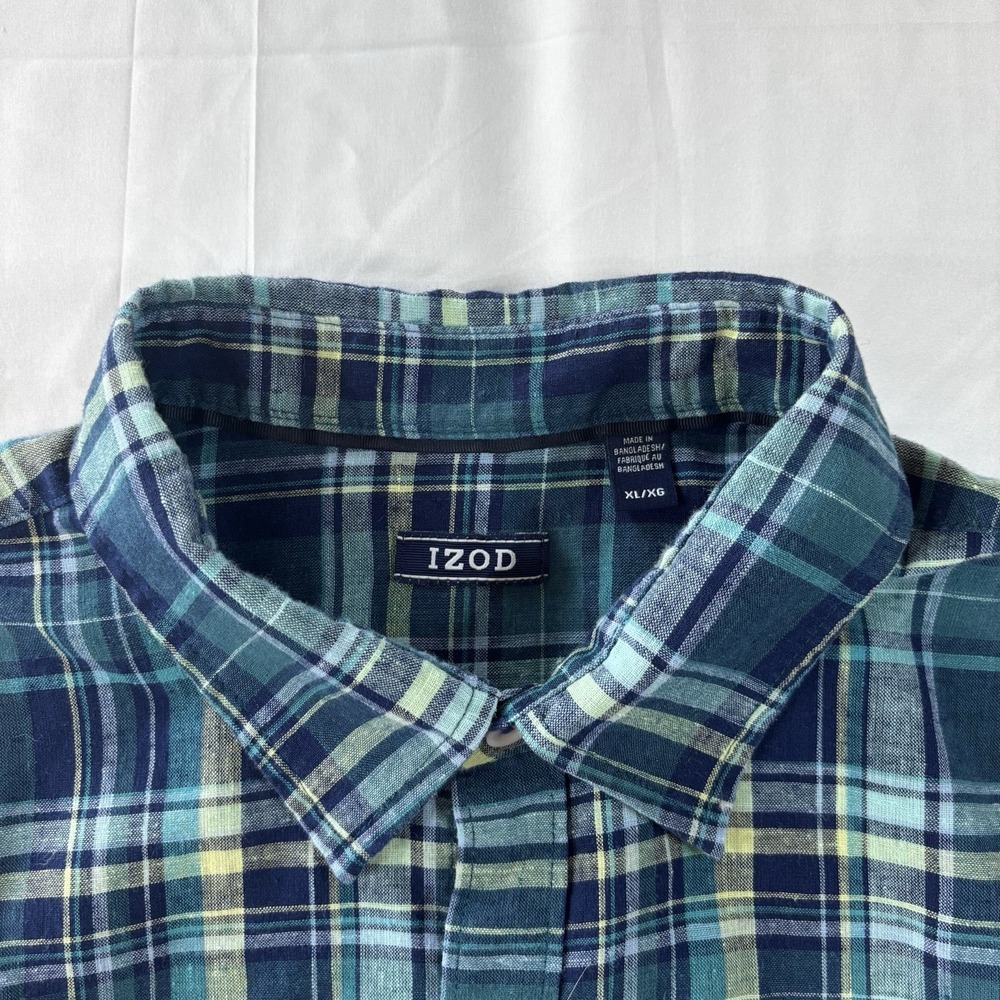 Izod Shirt Men's Size XL Linen‎ Blend Short Sleeve Collar Blue Plaid - Picture 11 of 12
